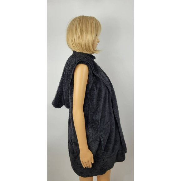 Sabrina Lauren NY Womens Hooded Vest Black Open Front Faux Fur Jacket L New - Picture 2 of 7